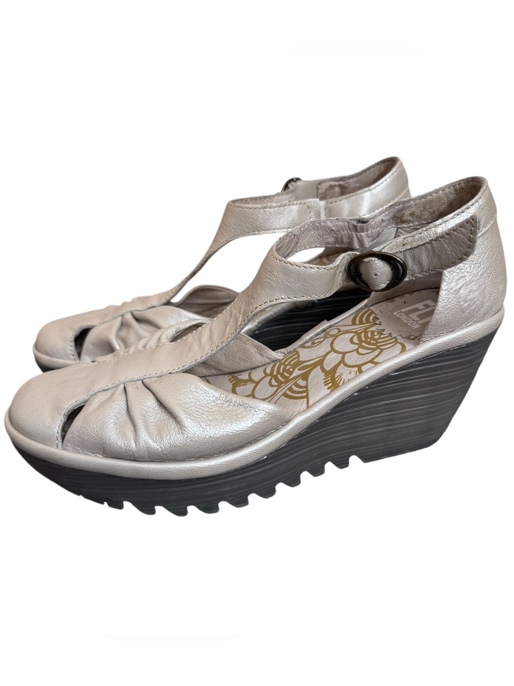 Fly London Leather Wedge Sandals Size 35 US 5 Metallic Champagne Beige